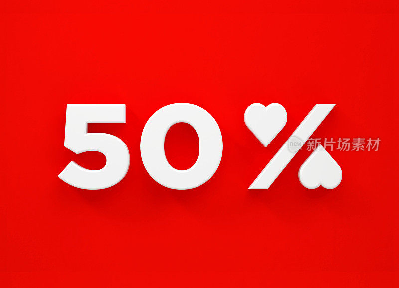 50% Off - White Heart Shapes形成一个百分比的标志，坐在数字50红色背景